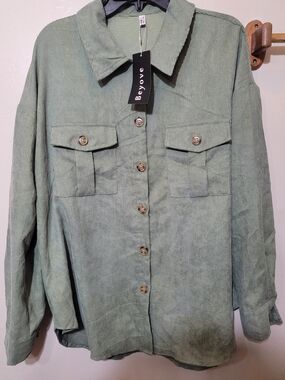 Beyove Womens XL Green Corduroy Button Down Shacket Flap Pocket (Hgr)